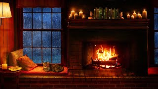 Cozy Cabin Ambience  Rain and Fireplace Sounds at Night 8 Hours for Sleeping Reading Relaxation [upl. by Thesda]