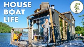 Living on a 4 Season Houseboat  Beautiful Floating Tiny House [upl. by Ttej]