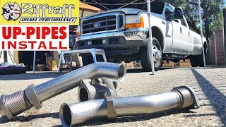 2001 F350 73  RiffRaff UpPipes Install  Stock up pipes leaking and falling apart JUNK SP [upl. by Nawuj]