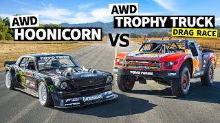 AWD Trophy Truck Pulls a Wheelie vs Ken Block’s 1400hp AWD Ford Mustang [upl. by Asiela]